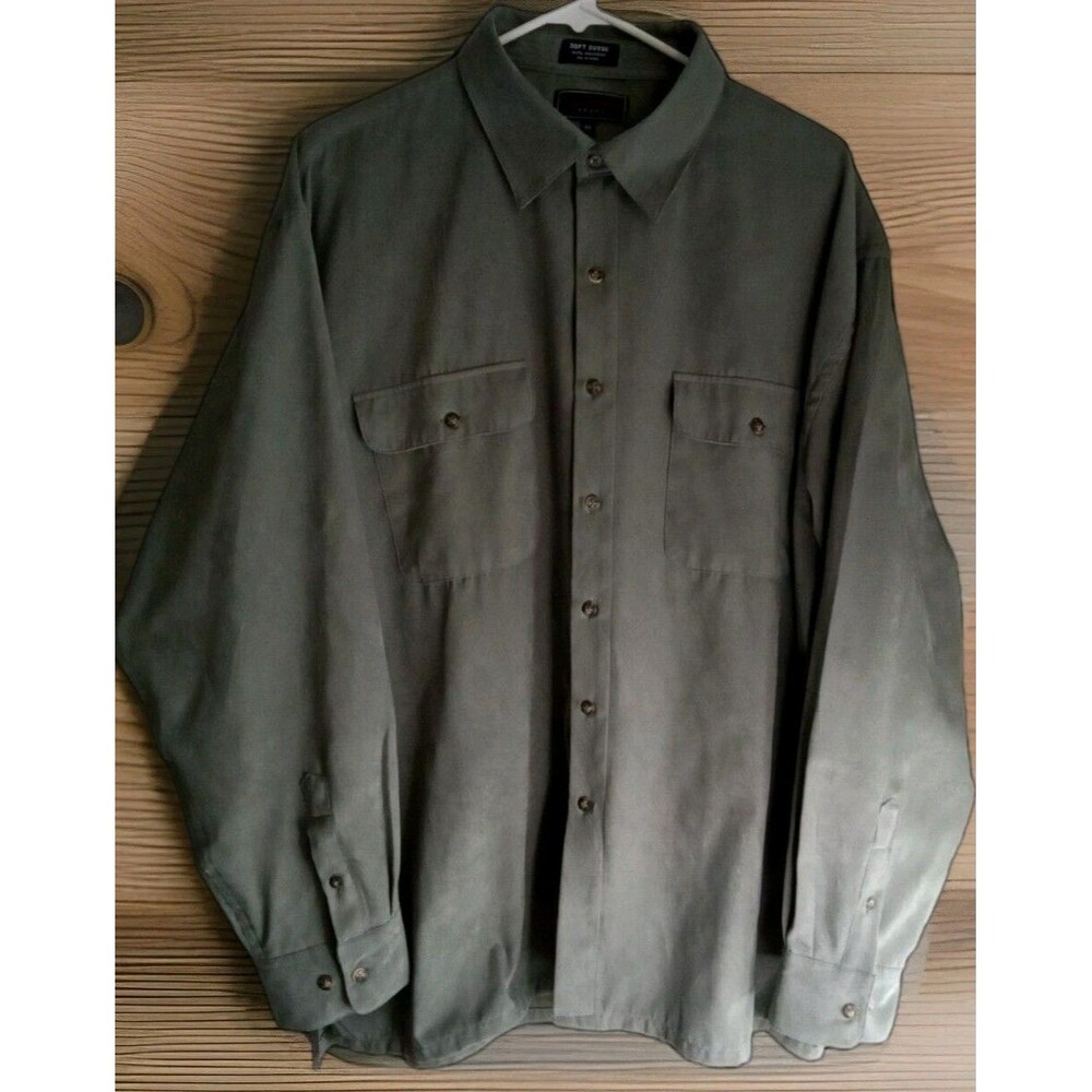 PRESWICK & MOORE SPORT SHIRT XL SOFT SUEDE BUTTON DOWN GREEN POCKETS